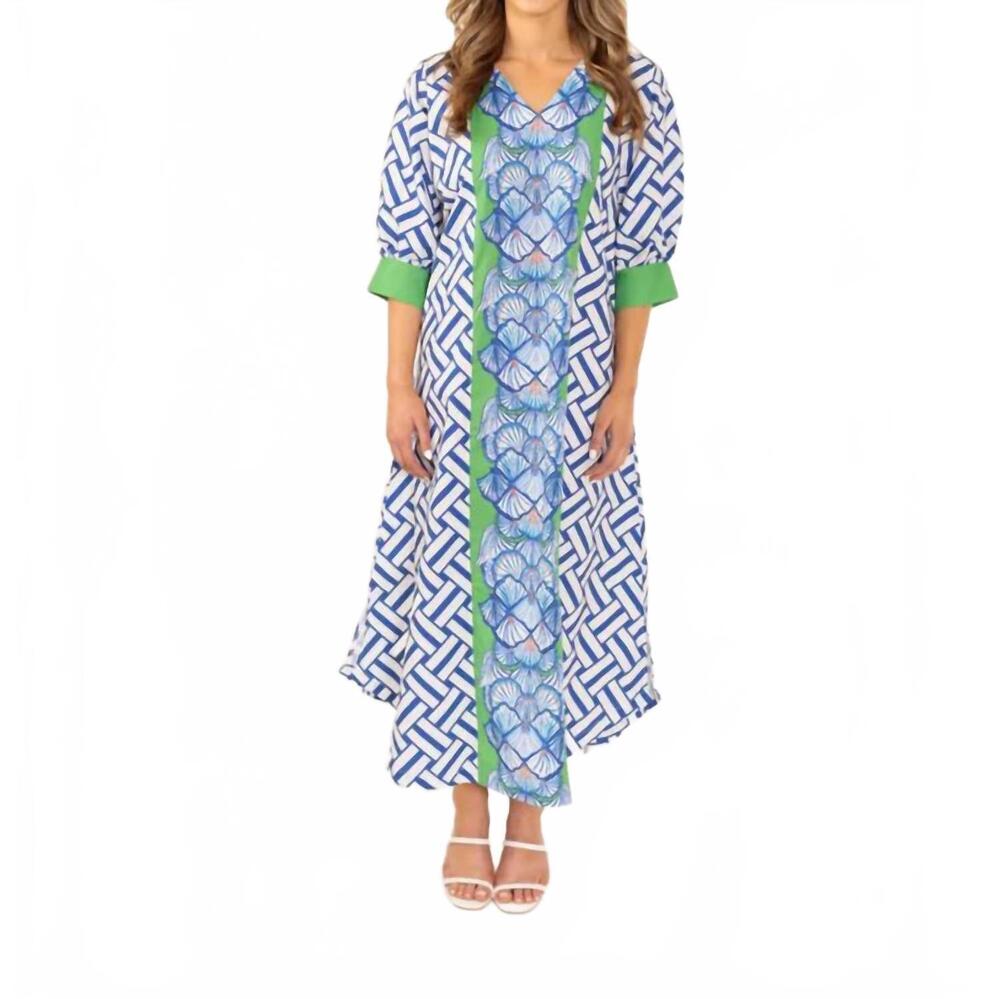 NEW HOUSE OF MBR chelle banks midi dress in green and white geometric